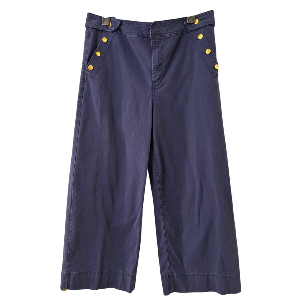 Anne Klein Jeans Navy Blue Wide Leg Sailor Pants 12 Gold Button Nautical Trouser